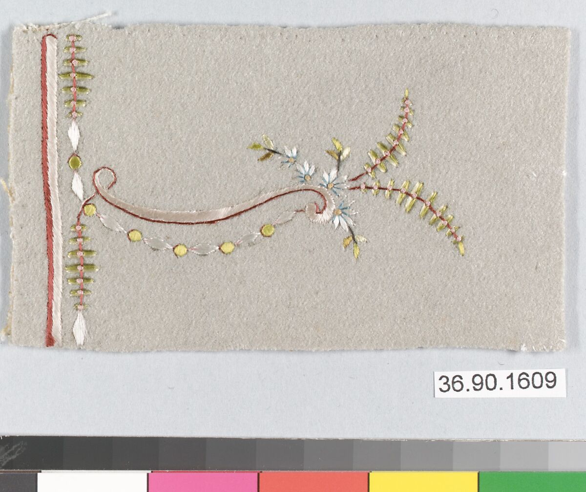 Embroidery sample for a man’s suit, Silk on wool, French