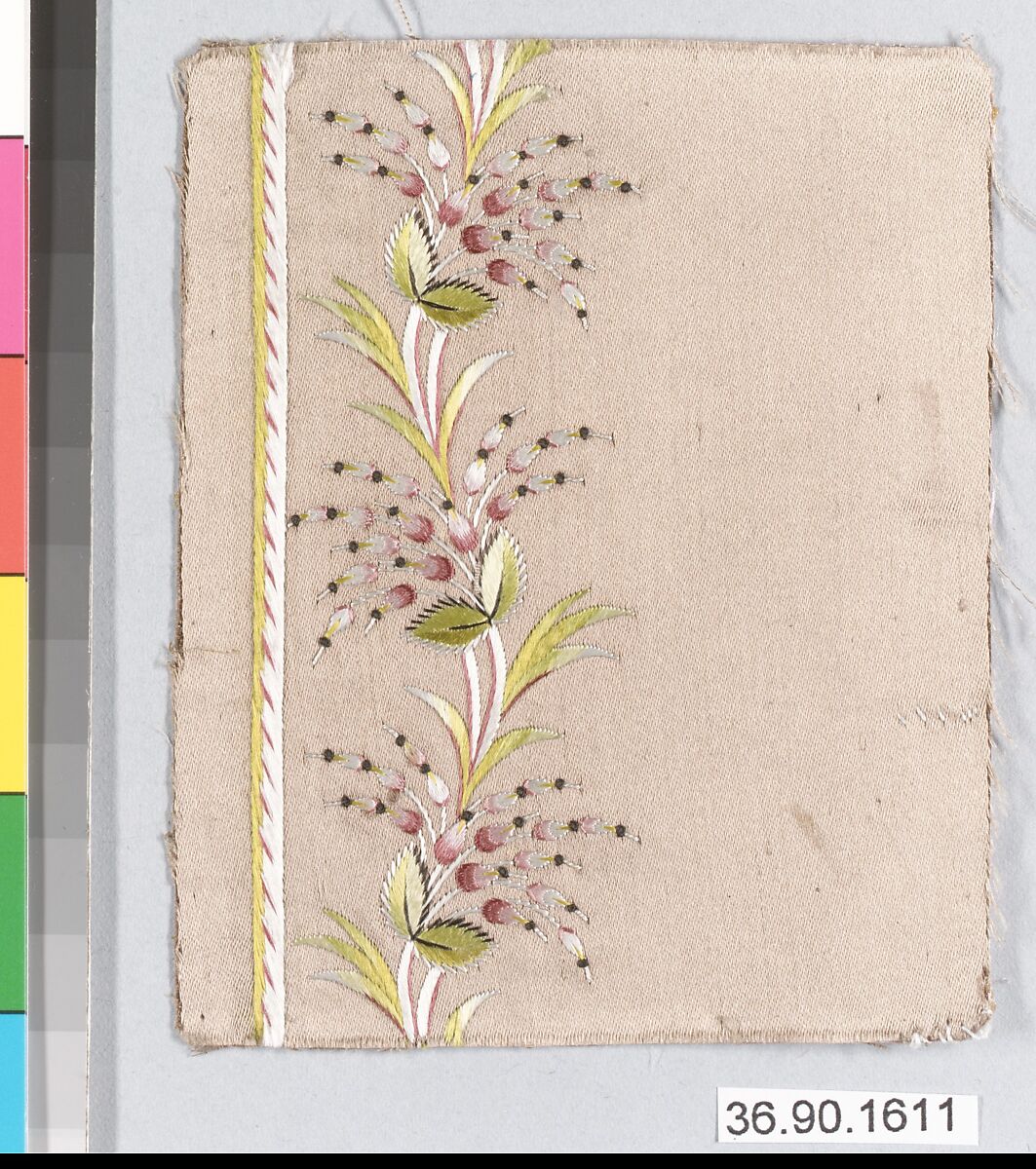 Embroidery sample for a man’s suit or waistcoat, Silk embroidery on silk, French