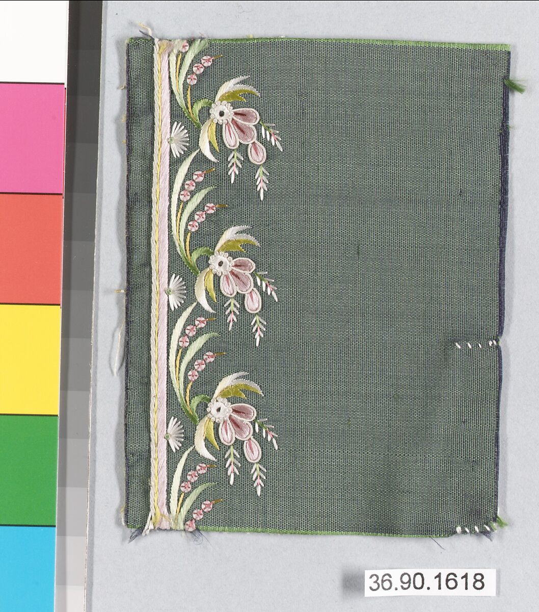 Embroidery sample for a man’s suit or waistcoat, Silk embroidery on silk, French