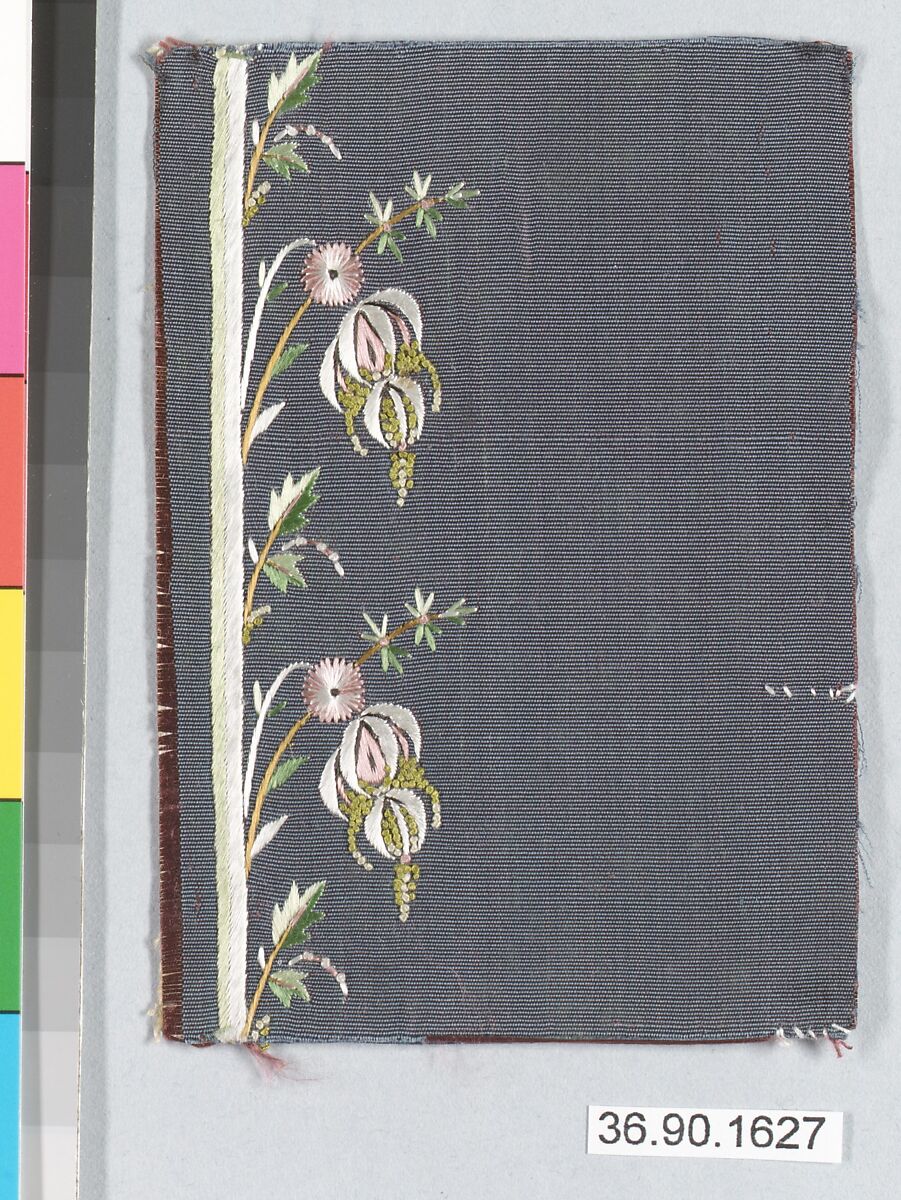 Embroidery sample for a man’s suit or waistcoat, Silk embroidery on silk, French