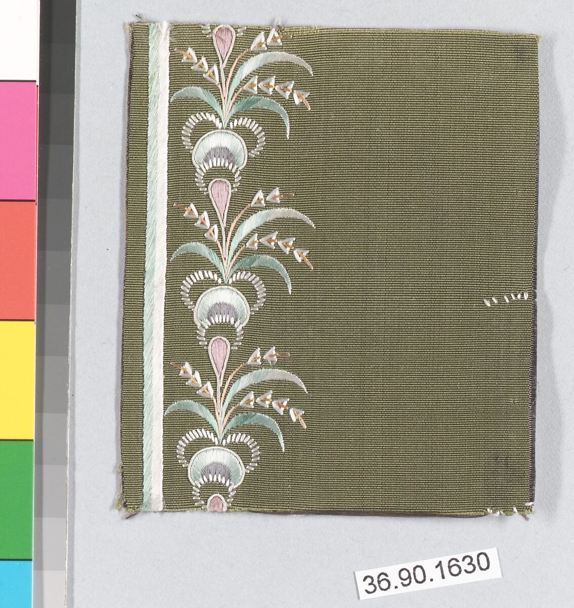 Embroidery sample for a man's suit or waistcoat, Silk embroidery on silk, French