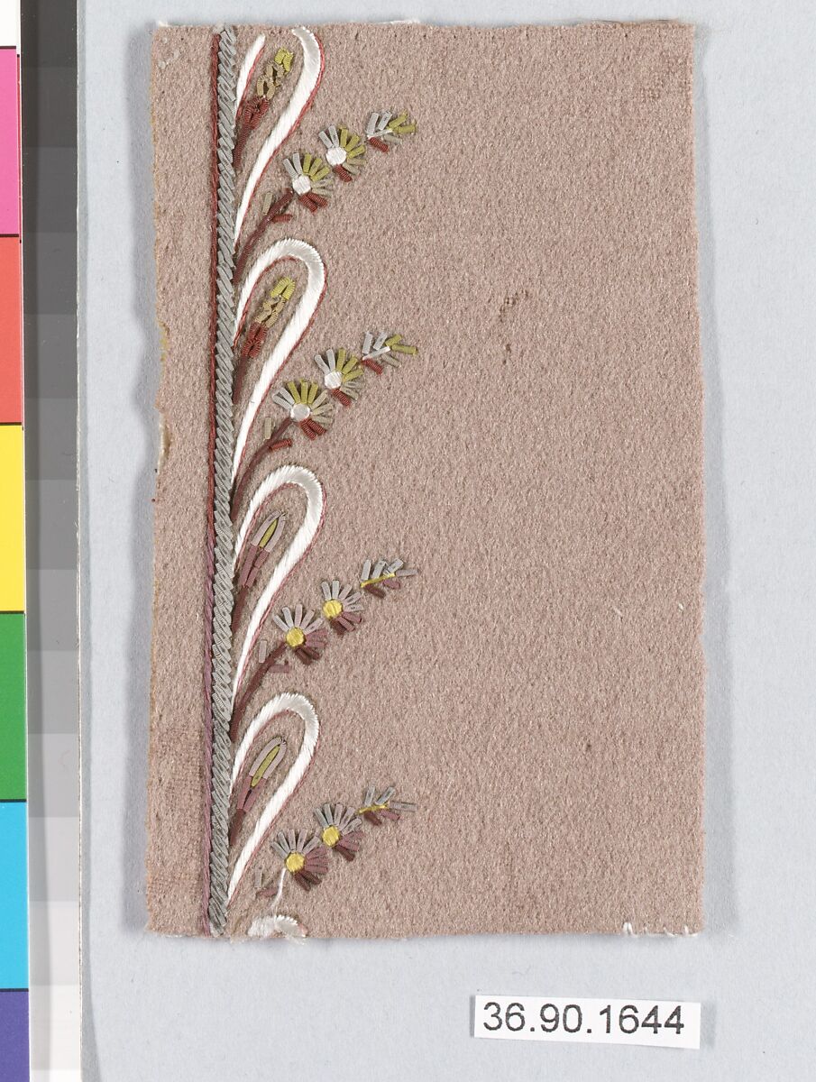 Embroidery sample for a man’s suit, Silk and metal thread on wool, French