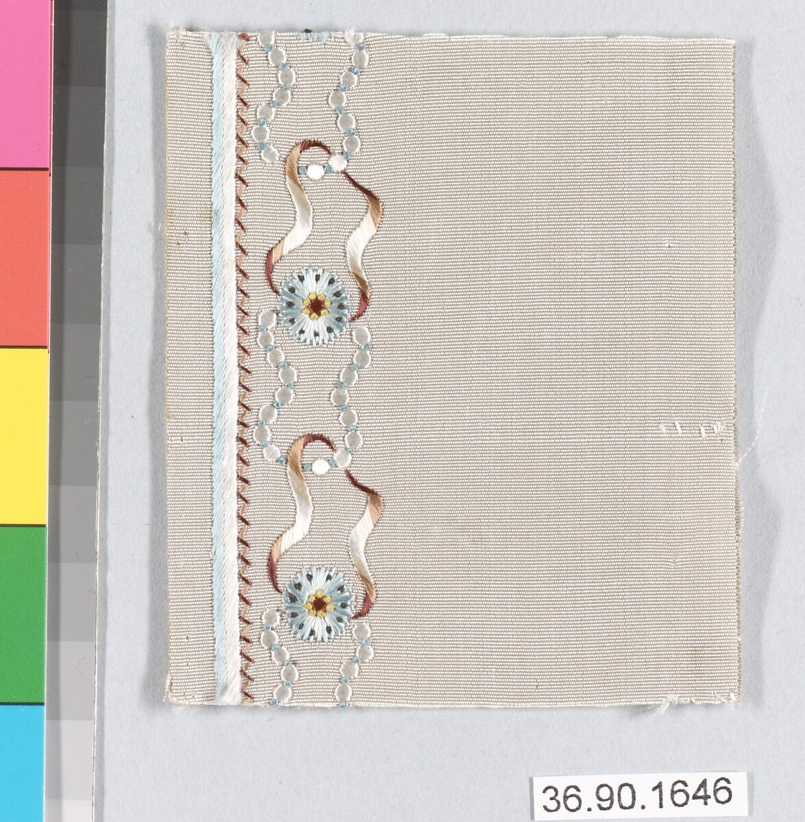Embroidery sample for a man’s suit or waistcoat, Silk embroidery on silk, French