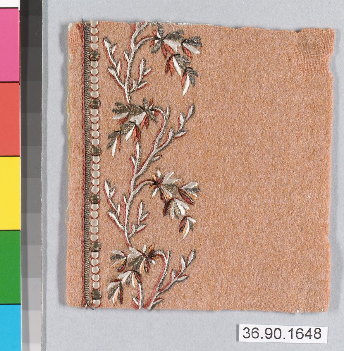 Sample, Silk and metal thread on felt, French