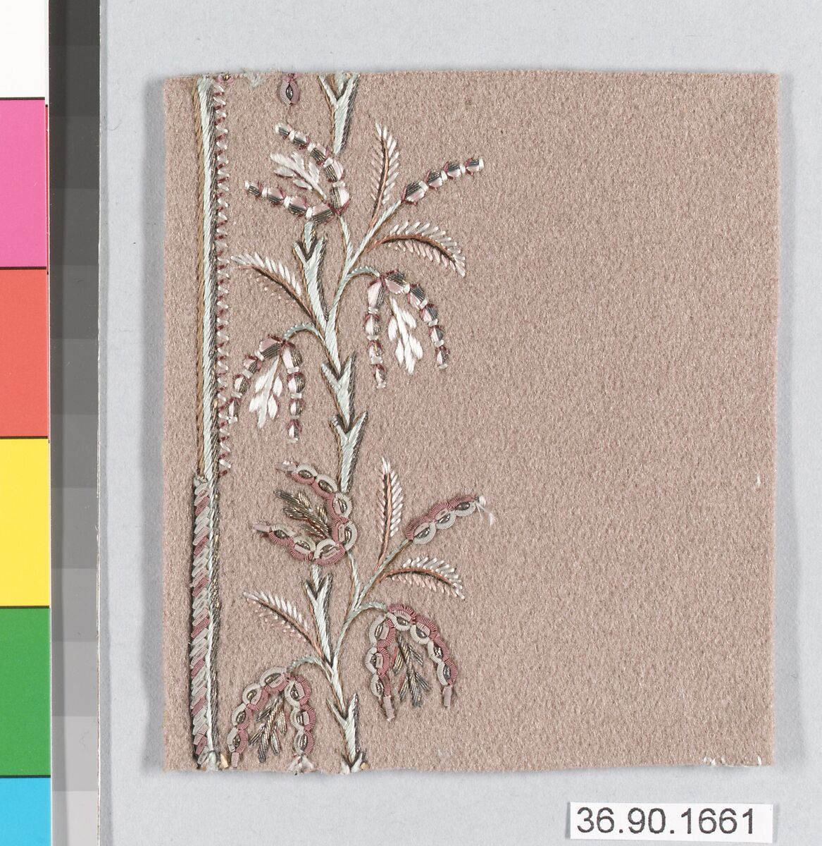 Embroidery sample for a man’s suit, Silk and metal thread on wool, French