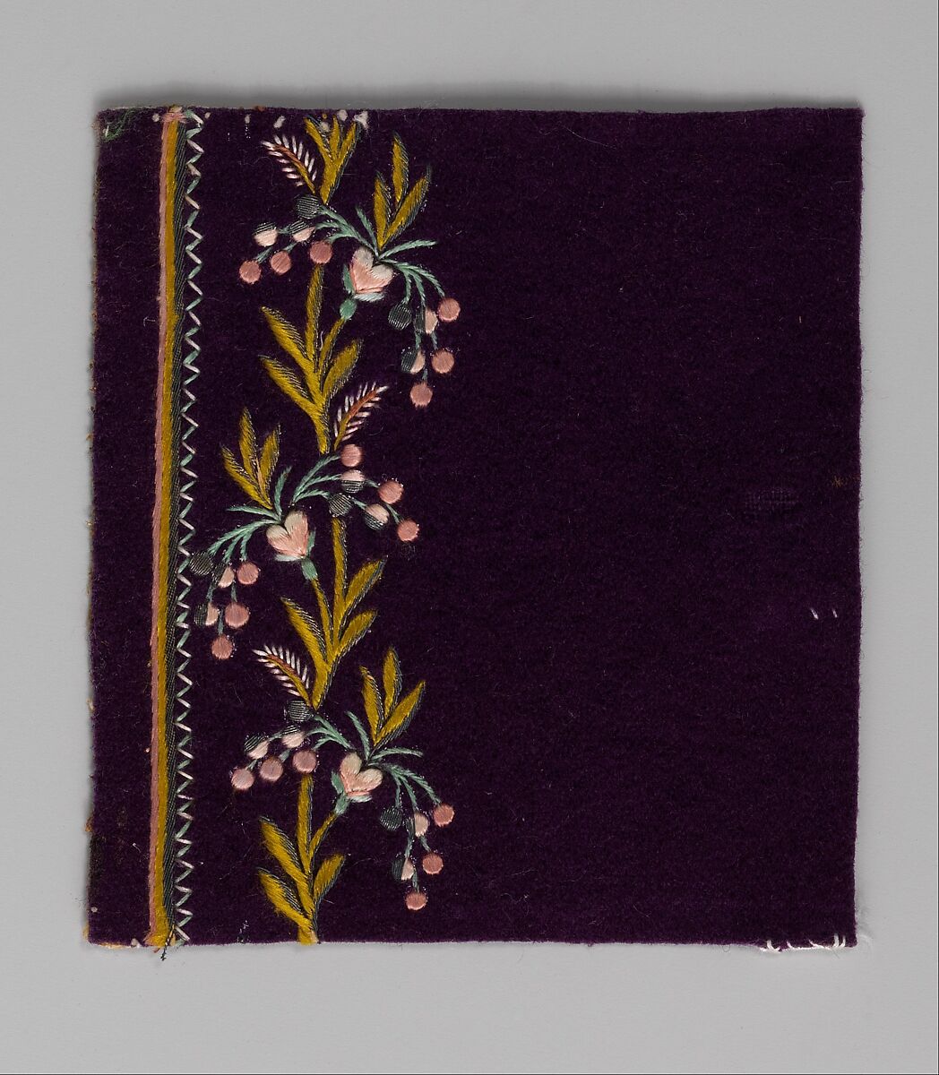Embroidery sample for a man’s suit, Silk and metal thread on wool, French