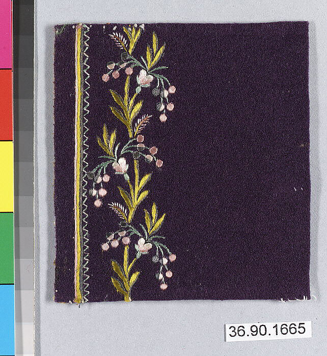 Embroidery sample for a man’s suit, Silk and metal thread on wool, French 