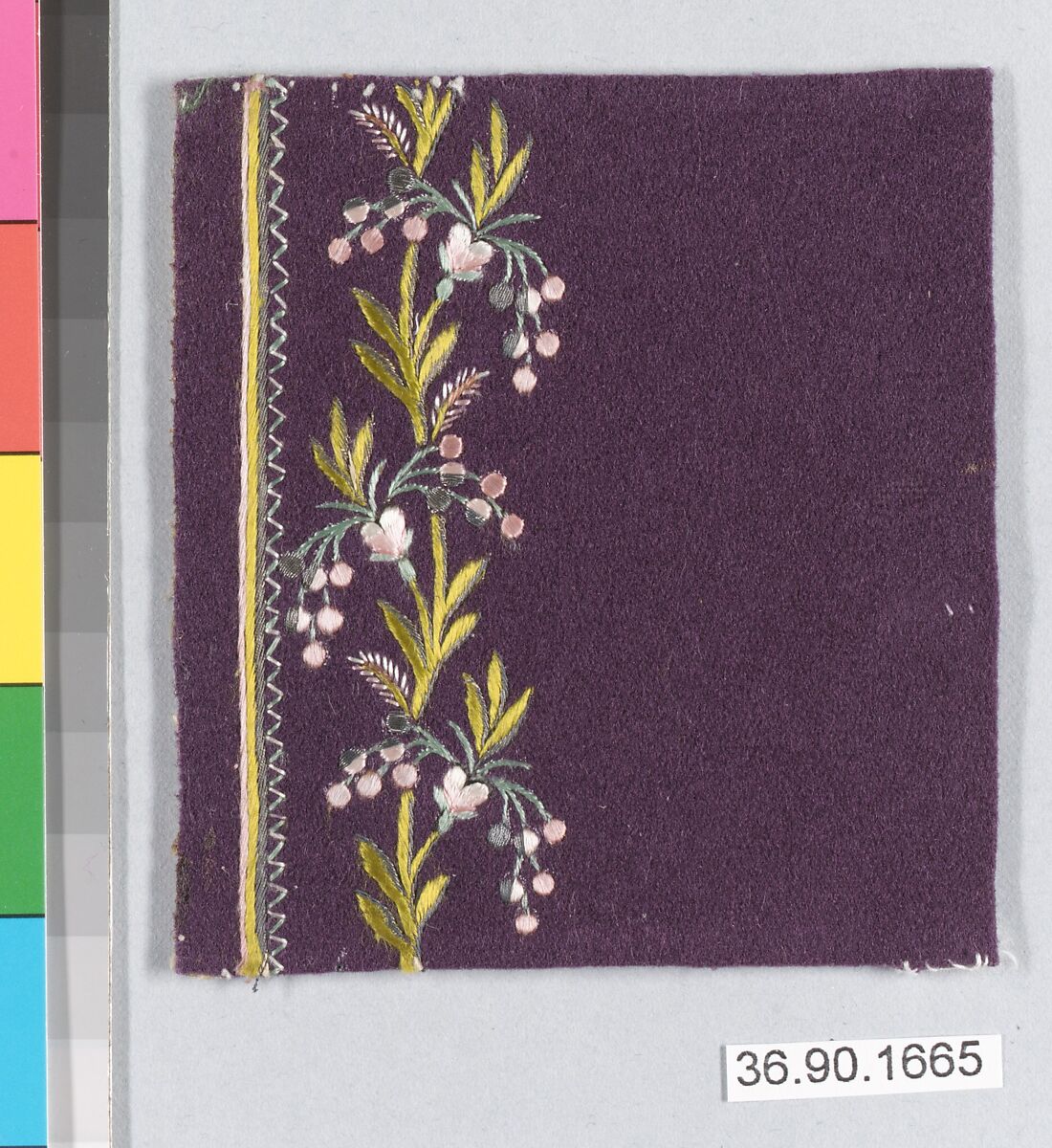 Embroidery sample for a man’s suit, Silk and metal thread on wool, French