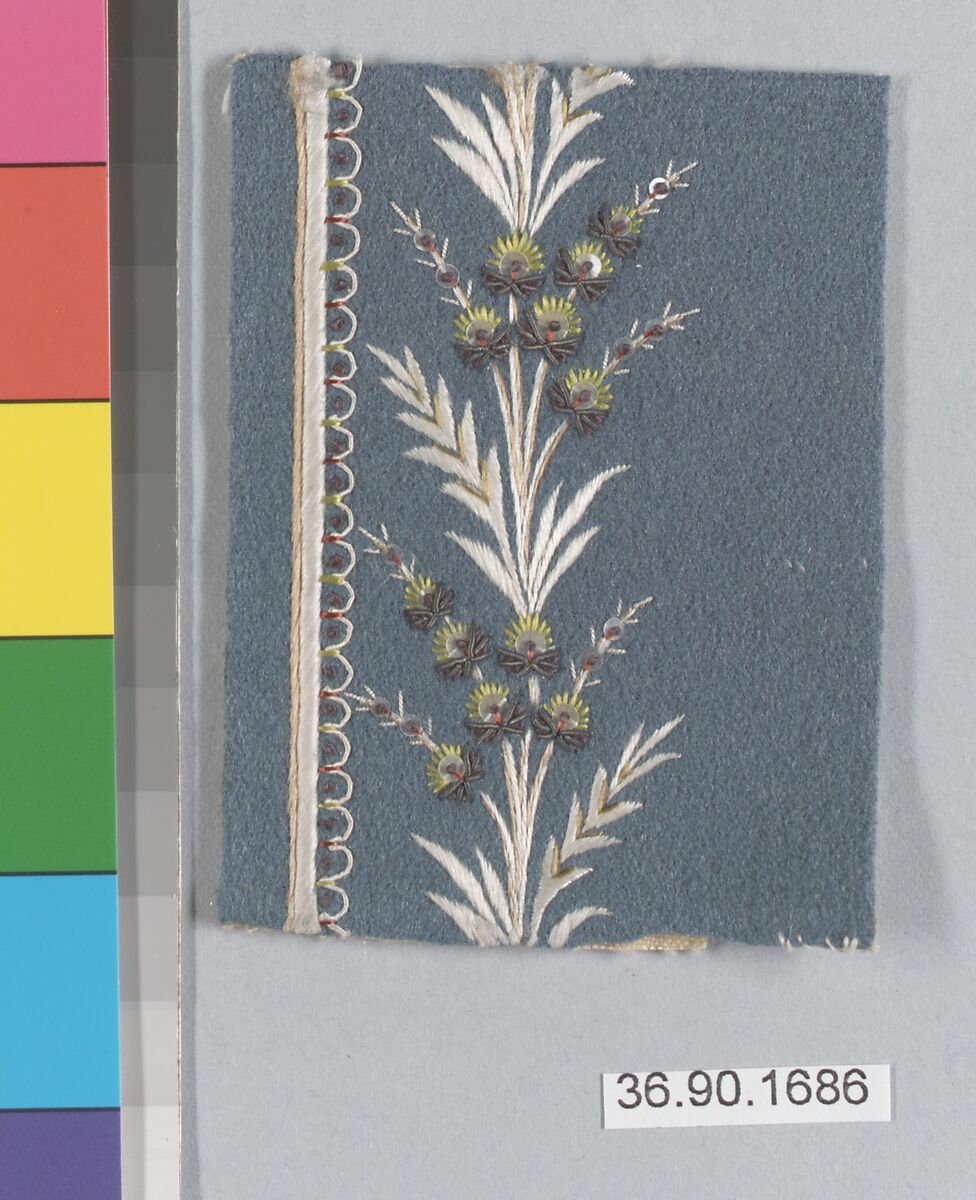 Embroidery sample for a man’s suit, Silk and metal thread on wool, French