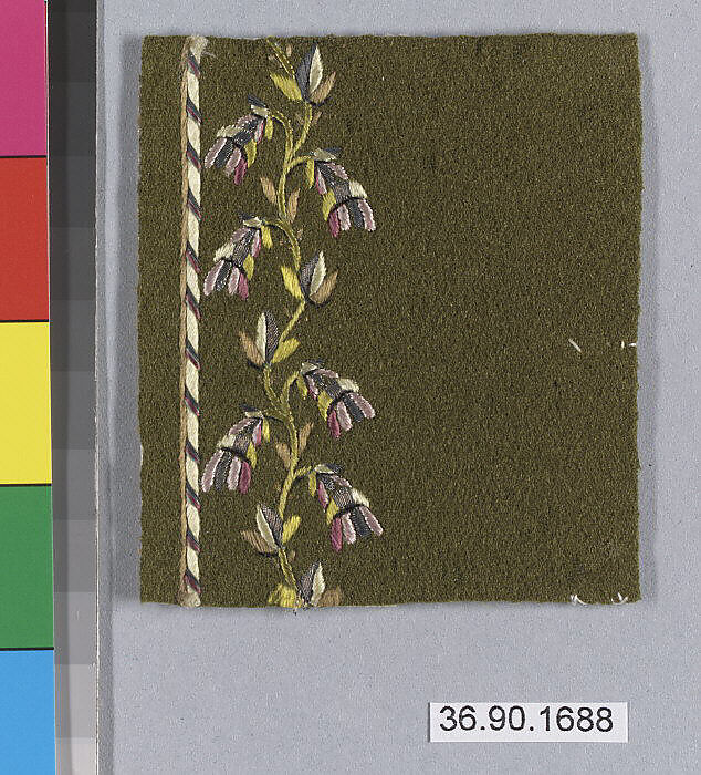 Embroidery sample for a man’s suit, Silk and metal thread on wool, French 