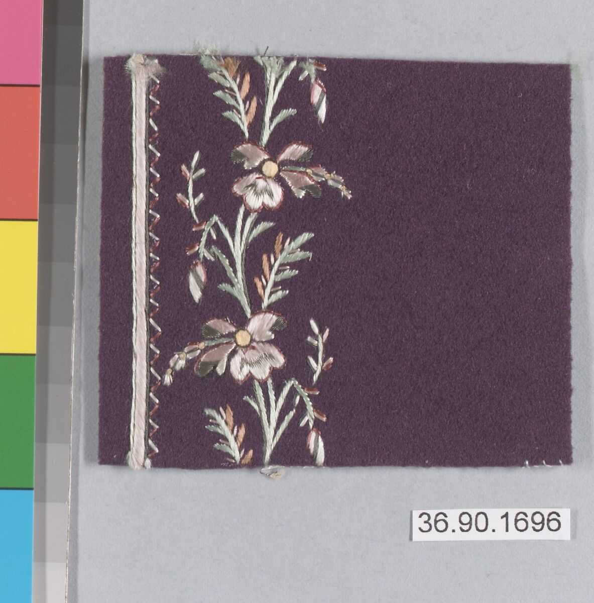 Embroidery sample for a man’s suit, Silk and metal thread on wool, French