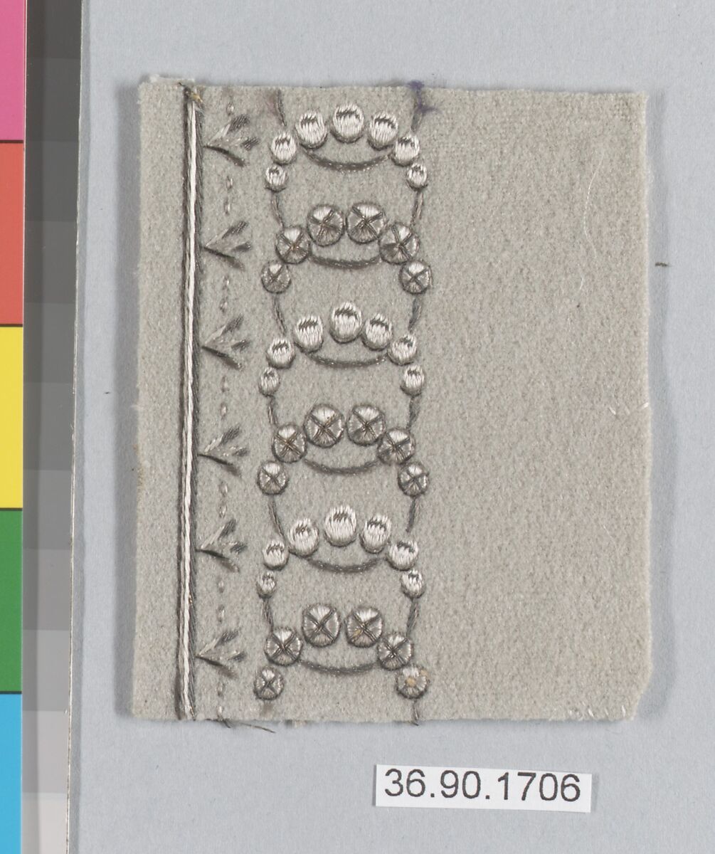 Embroidery sample for a man’s suit, Silk and metal thread on felt, French