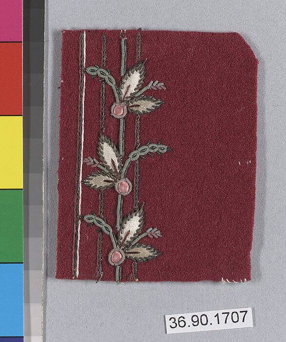 Embroidery sample for a man’s suit, Silk and metal thread on wool, French 