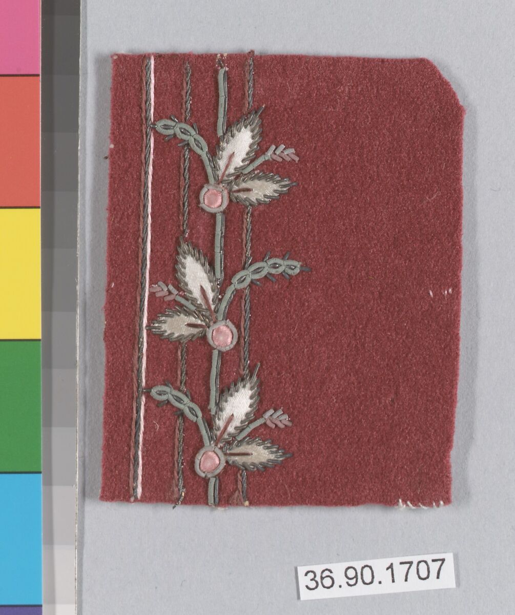 Embroidery sample for a man’s suit, Silk and metal thread on wool, French