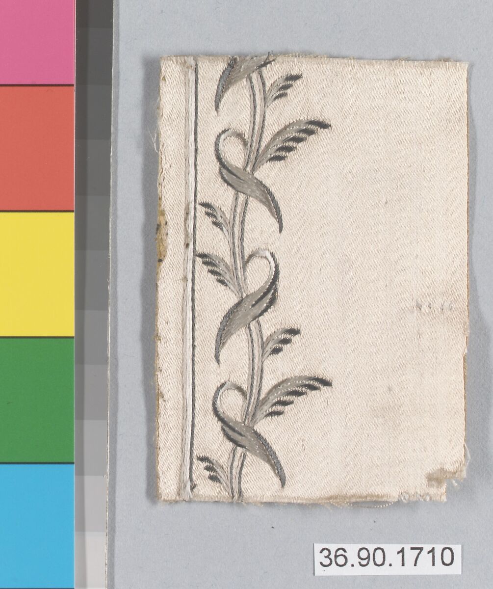 Embroidery sample for a man’s suit or waistcoat, Silk and metal thread on silk, French