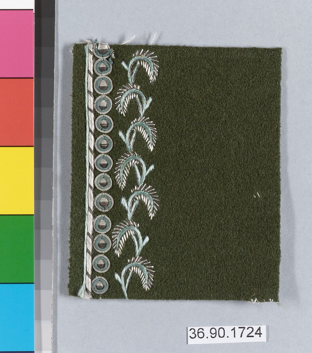 Embroidery sample for a man’s suit, Silk and metal thread on wool, French