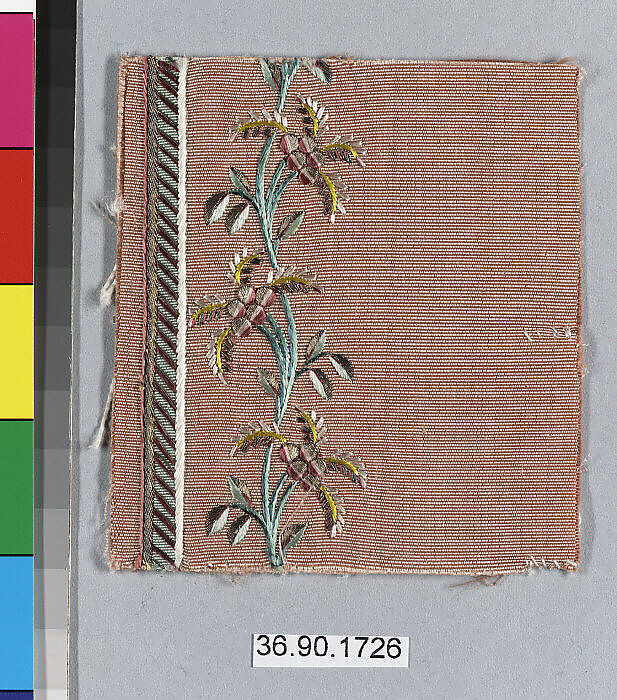 Embroidery sample for a man’s suit or waistcoat, Silk and metal thread on silk, French 