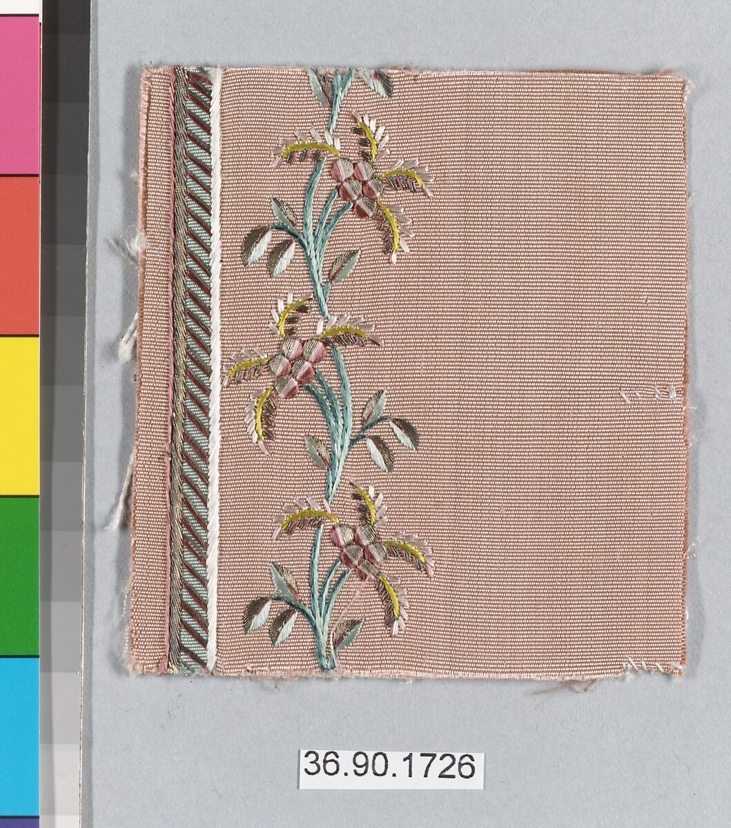 Embroidery sample for a man’s suit or waistcoat, Silk and metal thread on silk, French