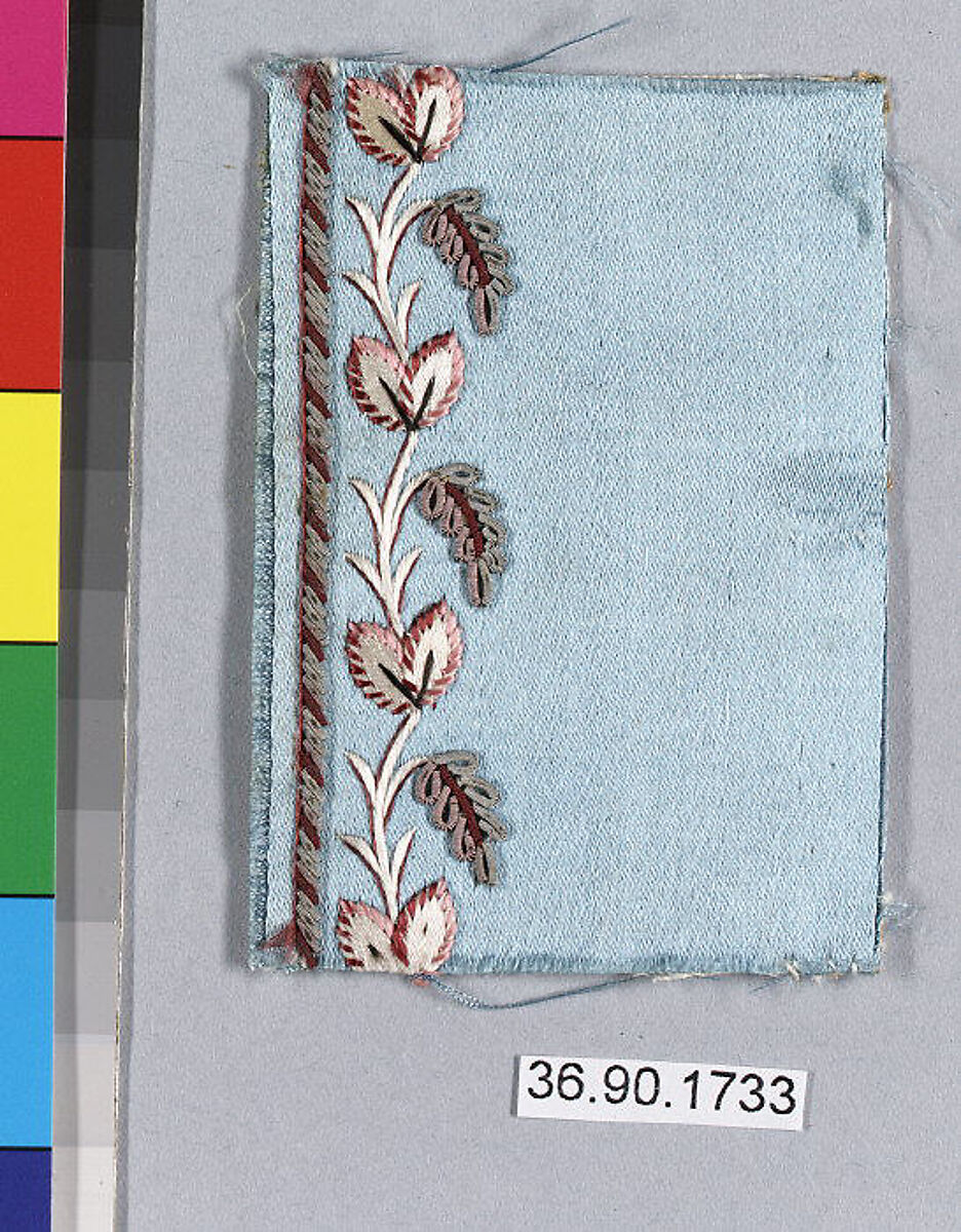 Embroidery sample for a man’s suit or waistcoat, Silk and metal thread on silk, French 