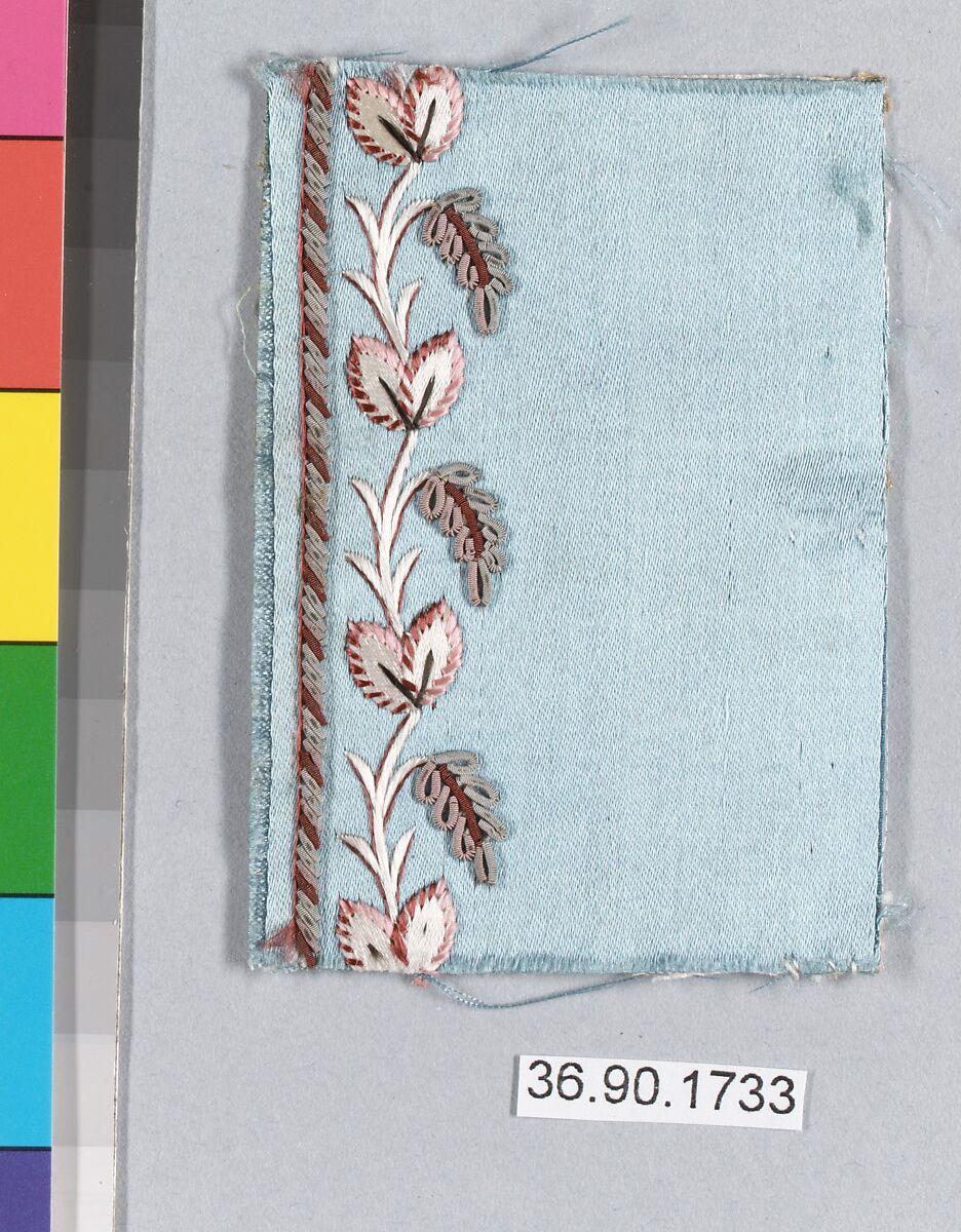 Embroidery sample for a man’s suit or waistcoat, Silk and metal thread on silk, French