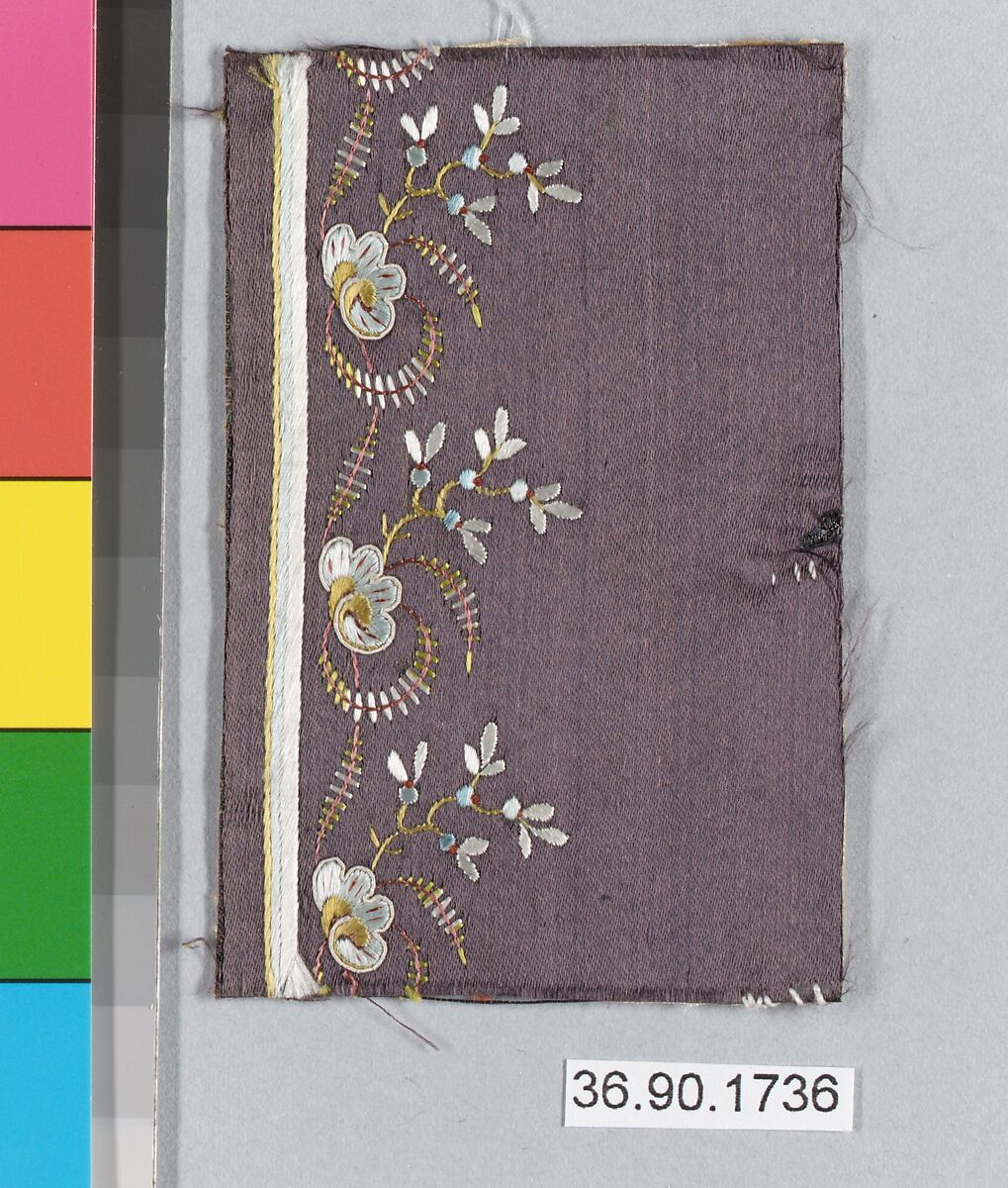 Embroidery sample for a man’s suit or waistcoat, Silk embroidery on silk, French
