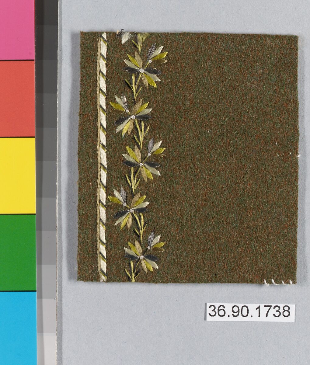 Embroidery sample for a man’s suit, Silk and metal thread on wool, French