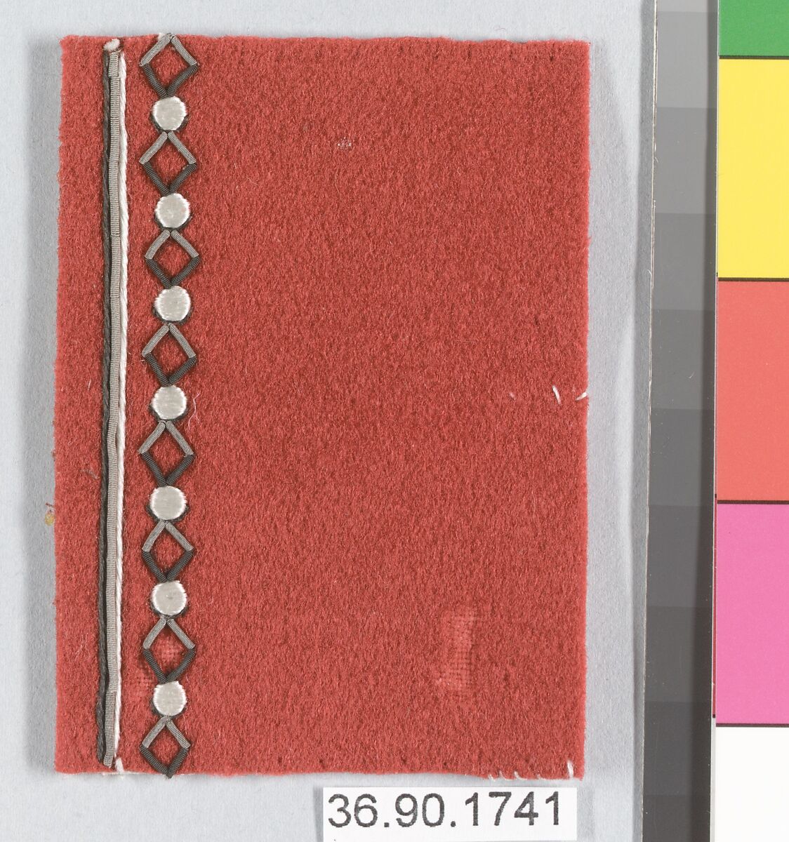 Embroidery sample for a man's suit, Silk and metal thread on wool, French