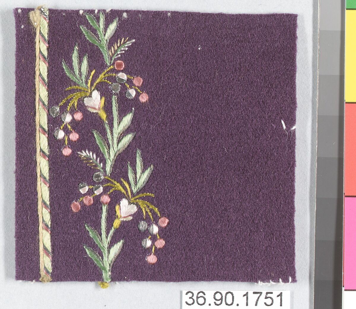 Sample, Silk and metal thread on felt, French