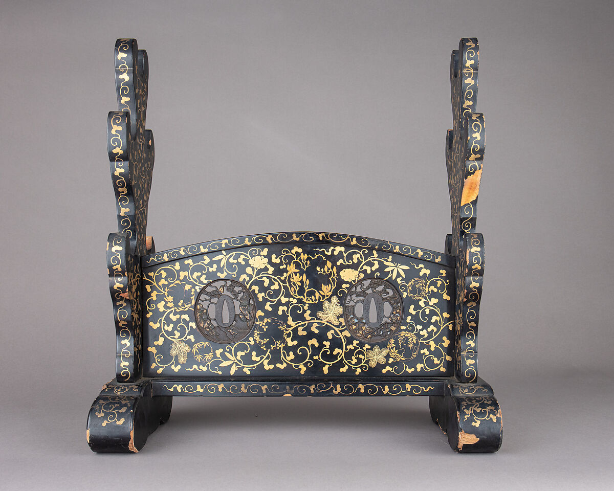 Sword Rack (Katana Kake), Wood, lacquer, iron, gold, Japanese 