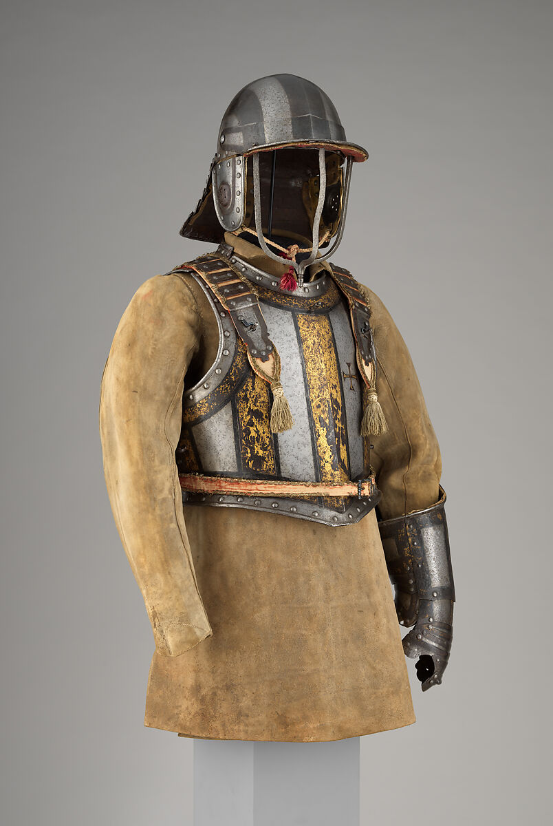 Harquebusier's Armor of Pedro II, King of Portugal (reigned 1683–1706), Attributed to Richard Holden (British, London, recorded 1658–1708), Steel, gold, leather, textile, British, London