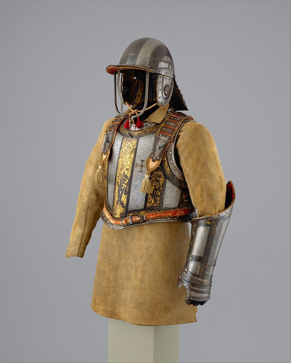 Harquebusier's Armor of Pedro II, King of Portugal (reigned 1683–1706), Attributed to Richard Holden (British, London, recorded 1658–1708), Steel, gold, leather, textile, British, London 