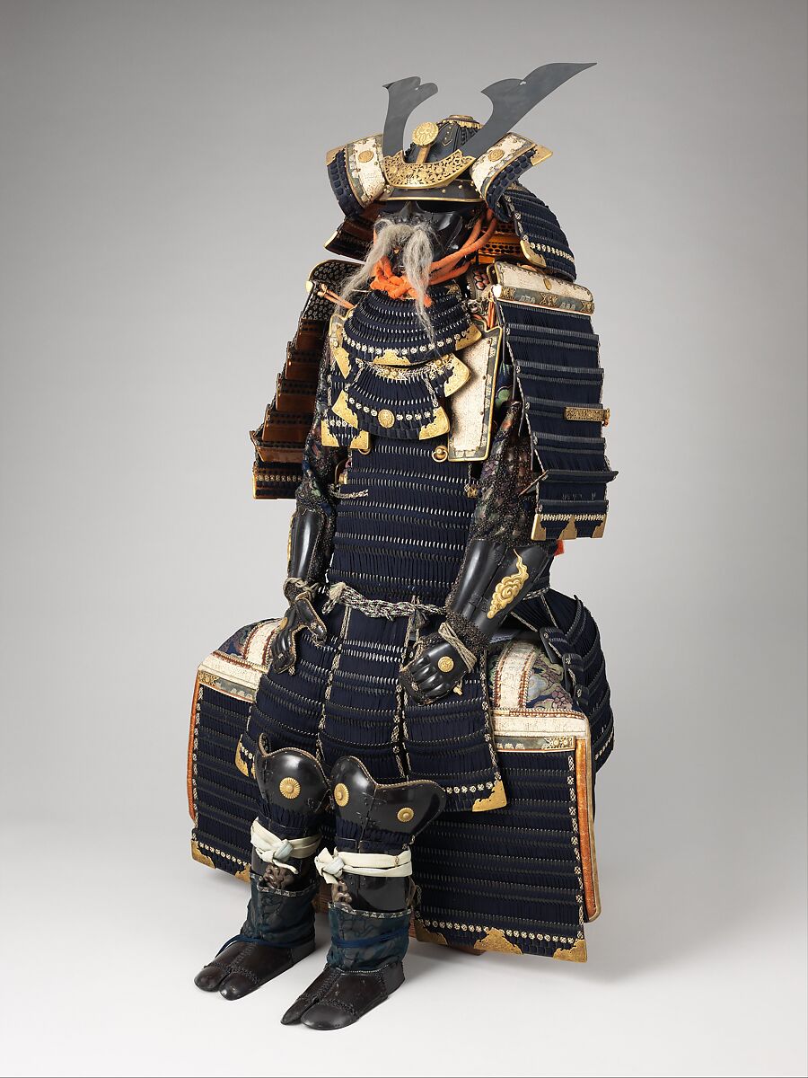 Armor (Gusoku), Helmet and mask inscribed by Jo Michitaka (Japanese, Edo period, active 19th century), Iron, lacquer, silk, gilt copper, Japanese