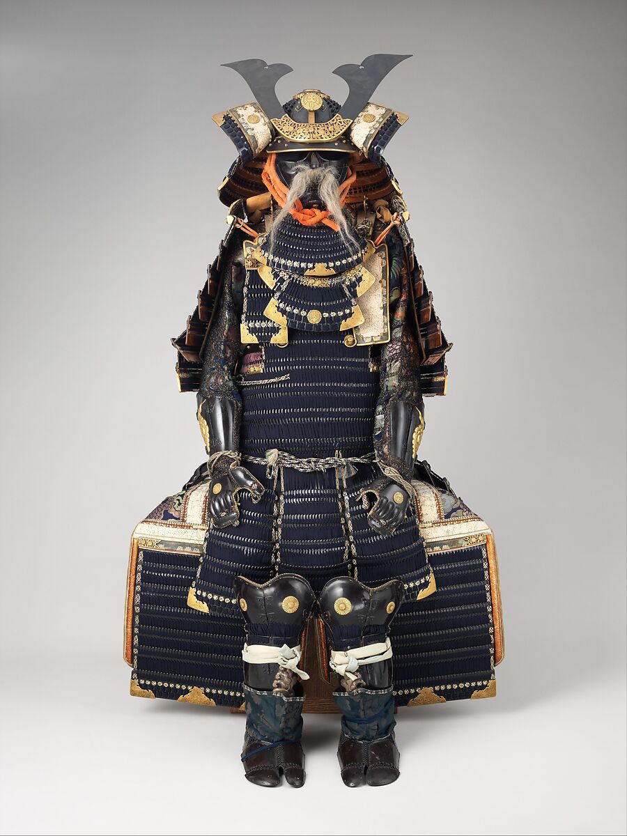 Armor (Gusoku), Helmet and mask inscribed by Jo Michitaka (Japanese, Edo period, active 19th century), Iron, lacquer, silk, gilt copper, Japanese 