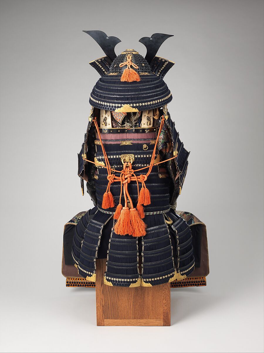 Armor (Gusoku), Helmet and mask inscribed by Jo Michitaka (Japanese, Edo period, active 19th century), Iron, lacquer, silk, gilt copper, Japanese
