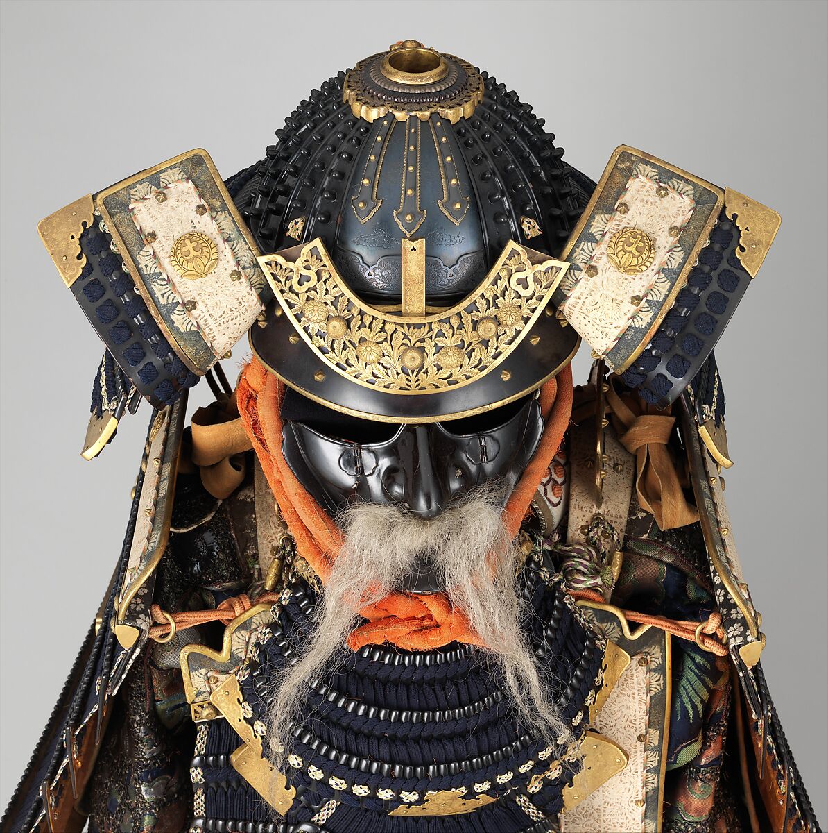 Armor (Gusoku), Helmet and mask inscribed by Jo Michitaka (Japanese, Edo period, active 19th century), Iron, lacquer, silk, gilt copper, Japanese
