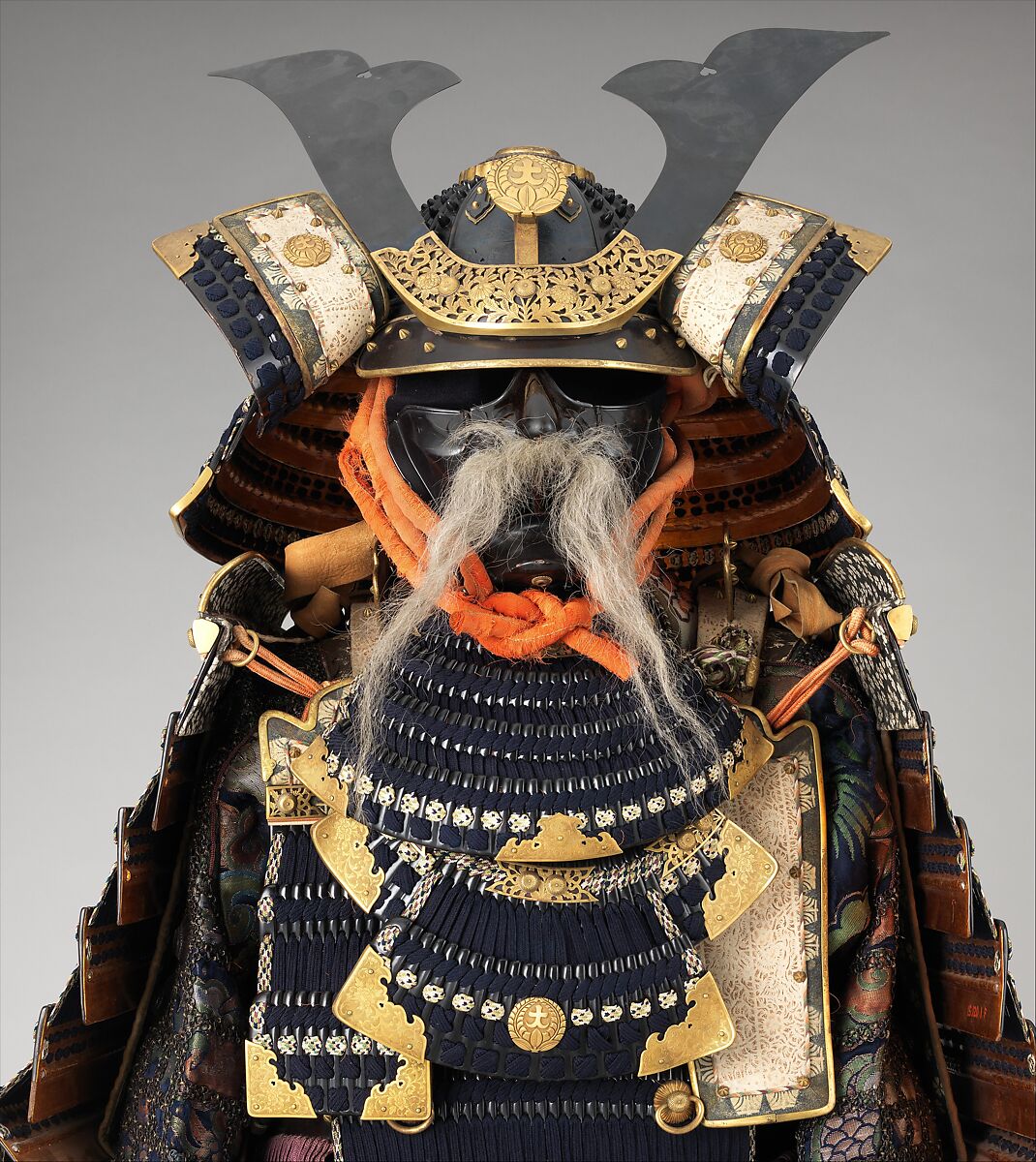 Armor (Gusoku), Helmet and mask inscribed by Jo Michitaka (Japanese, Edo period, active 19th century), Iron, lacquer, silk, gilt copper, Japanese