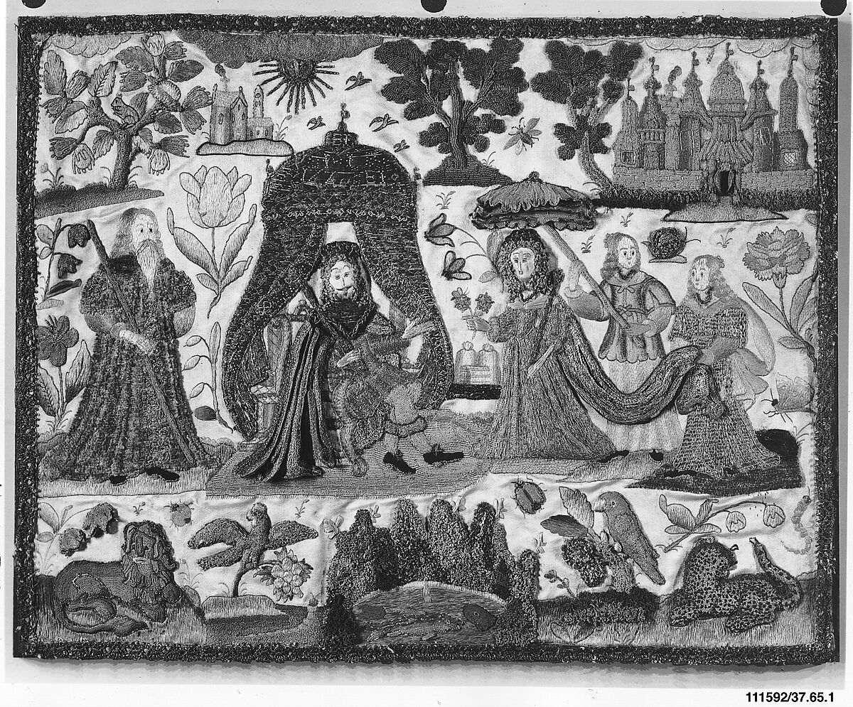 Picture with stumpwork embroidery, Silk and metal thread on silk, British