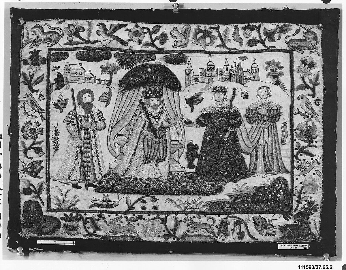 Picture with stumpwork embroidery, Silk and metal thread on silk, pearls, beads, British