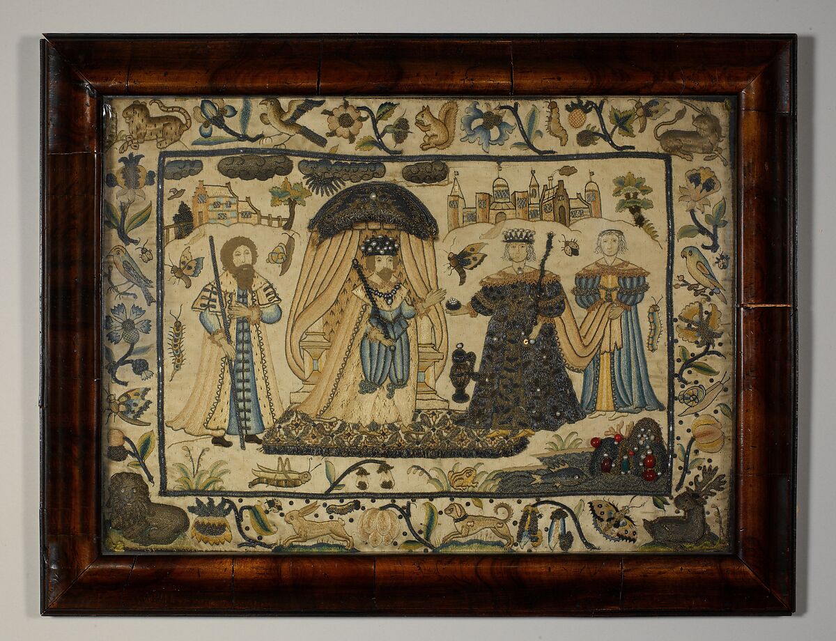 Picture with stumpwork embroidery, Silk and metal thread on silk, pearls, beads, British