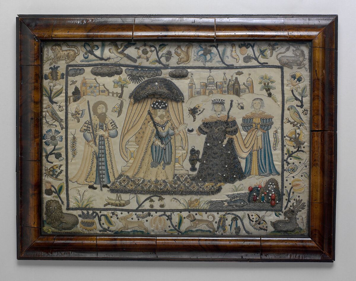 Picture with stumpwork embroidery, Silk and metal thread on silk, pearls, beads, British 