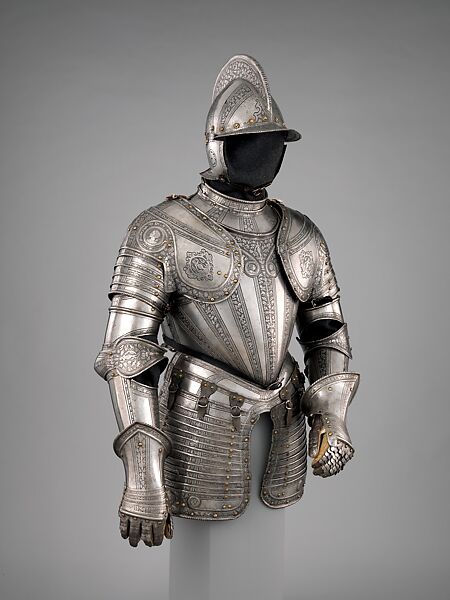 Infantry Armor, Upper plate of the gorget, skirt lames, and cheek pieces made by Daniel Tachaux (French, 1857–1928, active in France and America) in the Metropolitan Museum of Art, Armor Workshop, Steel, leather, brass, Italian 