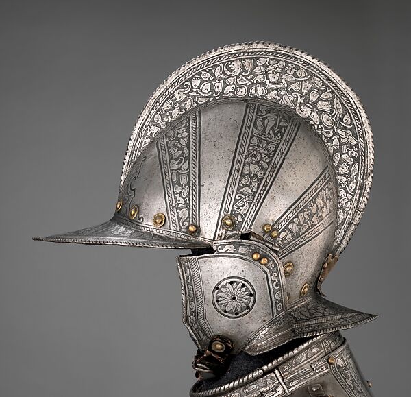 Infantry Armor, Upper plate of the gorget, skirt lames, and cheek pieces made by Daniel Tachaux (French, 1857–1928, active in France and America) in the Metropolitan Museum of Art, Armor Workshop, Steel, leather, brass, Italian