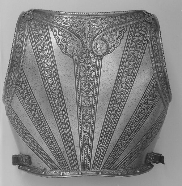 Infantry Armor, Upper plate of the gorget, skirt lames, and cheek pieces made by Daniel Tachaux (French, 1857–1928, active in France and America) in the Metropolitan Museum of Art, Armor Workshop, Steel, leather, brass, Italian