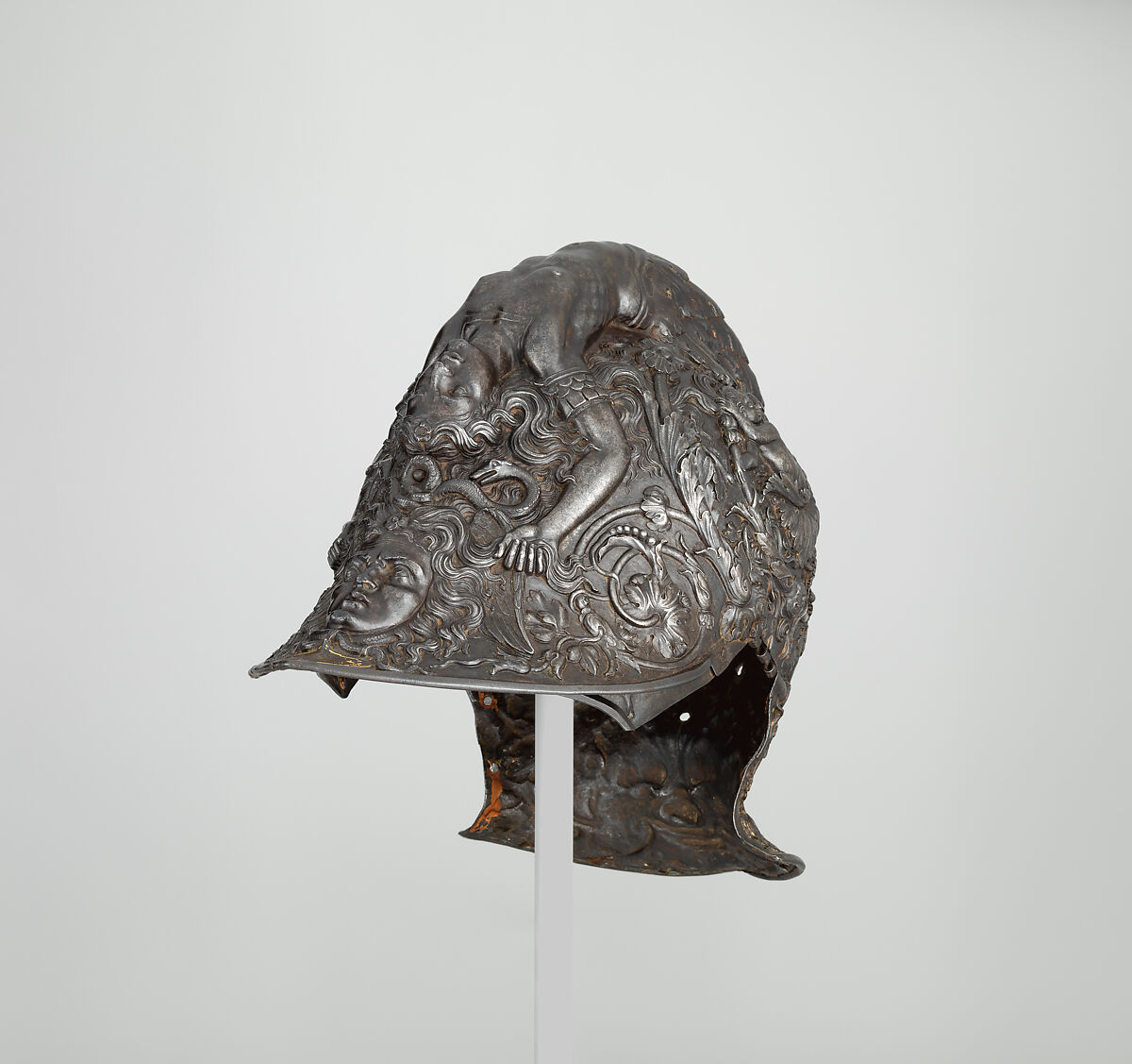 Burgonet, Filippo Negroli (Italian, Milan ca. 1510–1579), Steel, gold, textile, Italian, Milan