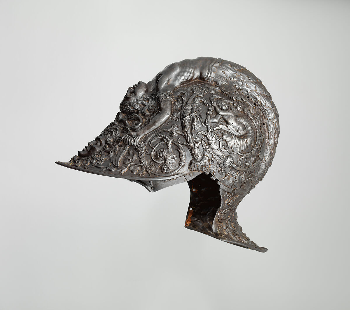 Burgonet, Filippo Negroli (Italian, Milan ca. 1510–1579), Steel, gold, textile, Italian, Milan 