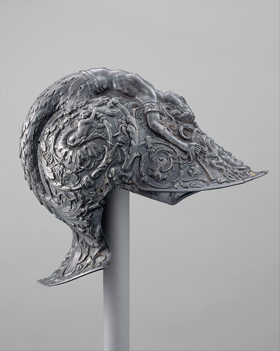 Burgonet, Filippo Negroli (Italian, Milan ca. 1510–1579), Steel, gold, textile, Italian, Milan