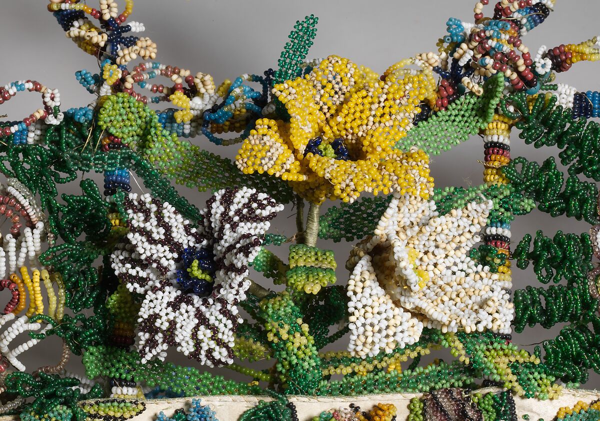 King Charles II and Catherine of Braganza with allegories of the four continents, Glass beads on silk with wire framework, British