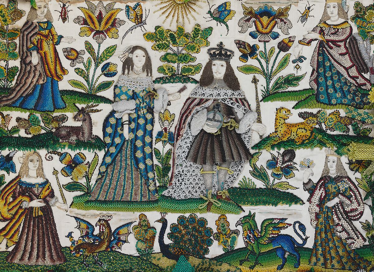 King Charles II and Catherine of Braganza with allegories of the four continents, Glass beads on silk with wire framework, British