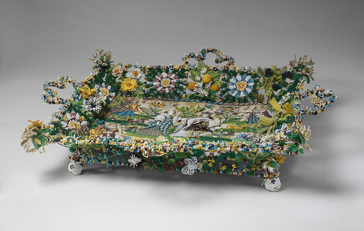 King Charles II and Catherine of Braganza with allegories of the four continents, Glass beads on silk with wire framework, British