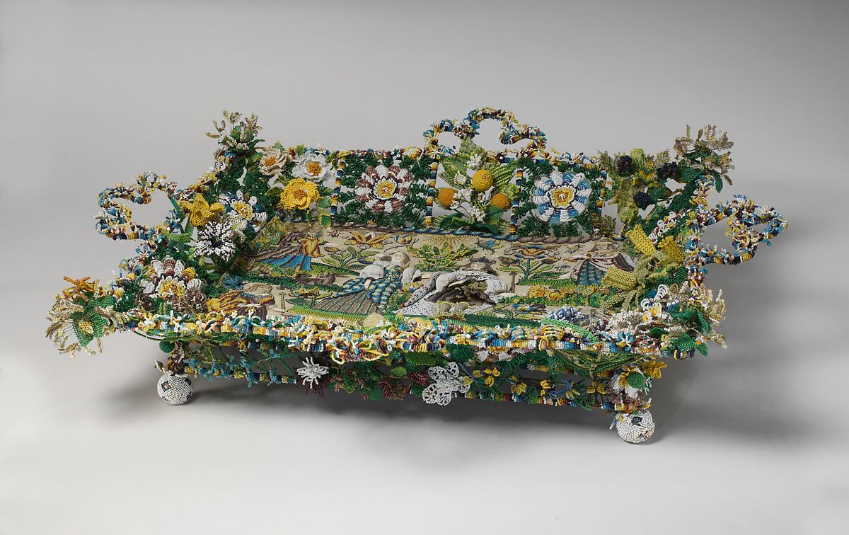 King Charles II and Catherine of Braganza with allegories of the four continents, Glass beads on silk with wire framework, British